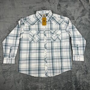 Coevals Club Western Shirt Mens XL White Gray Plaid Pearl Snap Rancher Shirt